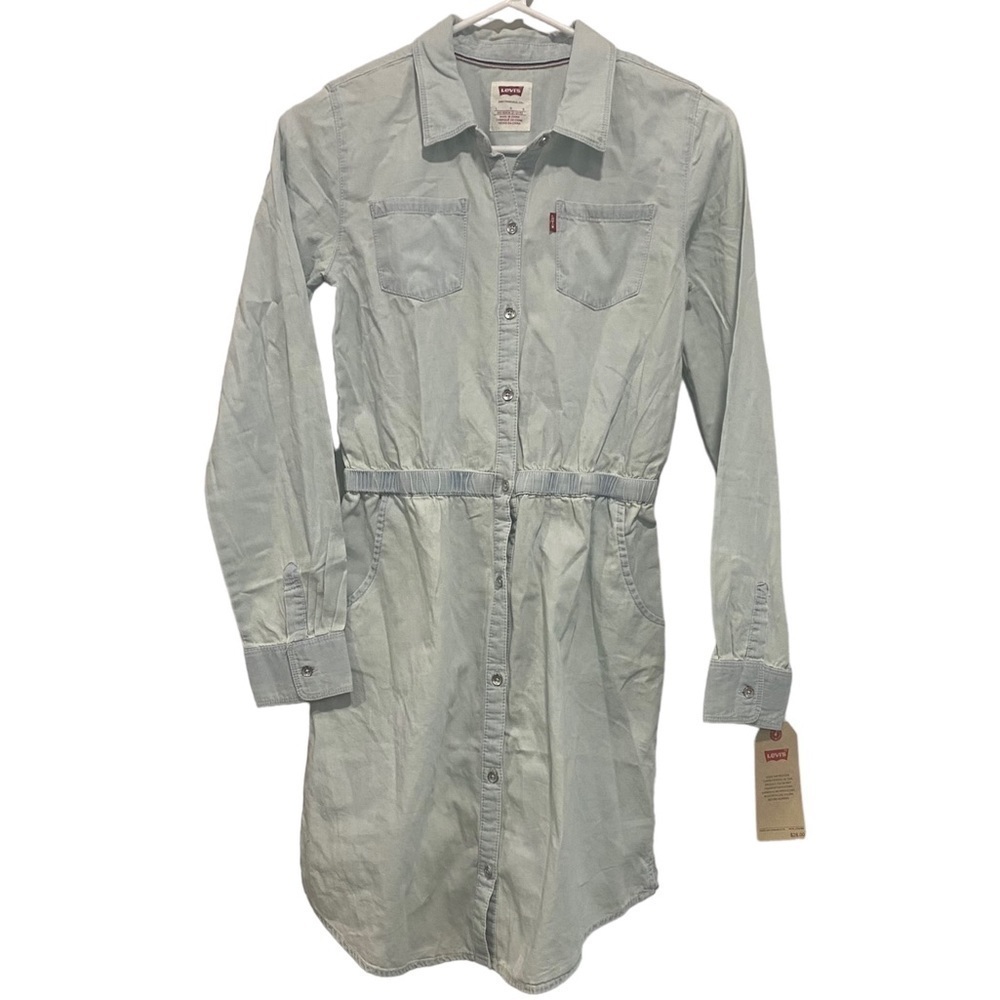 Girl’s Button Up Long Sleeve Dress Distressed Denim Look - Levi’s Blue Size L